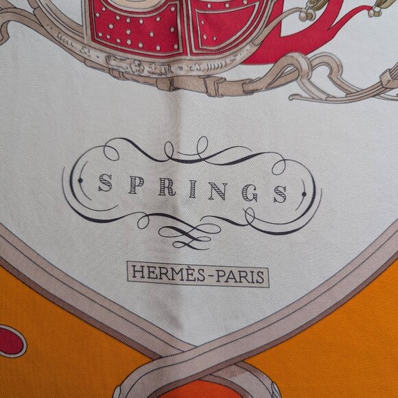 HERMES Springs Ledoux Orange White Red 90 cm Silk Square Scarf Rare Very Good - Picture 5 of 16